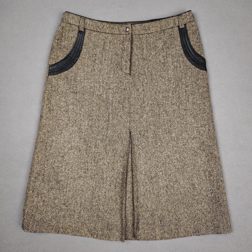 Women Skirt Medium 8 Brown Herringbone Wool Silk Poly Blend Knee Length Academia